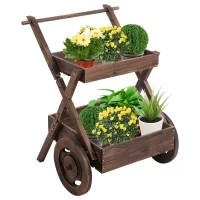 Outsunny Outdoor Plant Stand on Wheels with 2 Shelves, Wooden Flower Cart Display Stand, Wagon Decor for Garden, Patio, Balcony, Greenhouse(m-1)