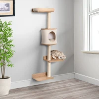 PawHut 4-Level Wall-Mounted Cat Tree Activity Tower, Wall Cat Shelves with Sisal Rope Scratching Posts, Cat Condo and Bed, Light Brown(m-2)