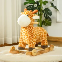 Qaba Rocking Horse, 2 in 1 Kids Ride on Horse, Rolling Giraffe Animal Rocker with Sound, Wooden Base, Pedal, Grip Handle, Plush Riding Pony for 3-6 Years Old, Yellow(m-10)