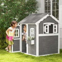 Outsunny Outdoor Wooden Playhouse for Kids with Floor, Door, Windows, Planter Box for 3-8 Years Old, Backyard, Lawn, Garden(m-2)