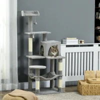 PawHut Tall Cat Tree for Indoor Cats, 56" Multi-Level Cat Tower with Hammock, Cat Bed, Cat Condo with Sisal Scratching Posts, Grey(m-8)