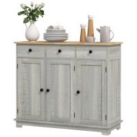 HOMCOM Kitchen Storage Cabinet, Sideboard Floor Cupboard with Solid Wood Top, Adjustable Shelf, and 3 Drawers, Light Gray