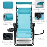 Outsunny 2 Piece Foldable Lounge Chair with Canopy Shade, Outdoor Zero Gravity Chair w/ Side Tray & Cup Holder, Reclining Lounger w/ Breathable Mesh Fabric Seat, Pillow, Sky Blue(m-5)
