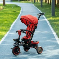 Aosom 6-in-1 Toddler Tricycle for 12-50 Months, Foldable Kids Trike with Adjustable Seat and Push Handle, Safety Harness, Removable Canopy, Footrest, Red(m-8)