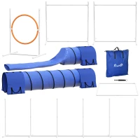 PawHut 7pc Agility Training Equipment for Dogs w/ Tunnels, Weave Poles Adjustable Hurdle, Jumping Ring, Pause Box, Blue(m-1)