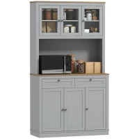 HOMCOM 71" Pantry Cabinet with Microwave Space, Buffet with Hutch, 2 Drawers, Adjustable Shelves and Glass Doors, Grey(m-2)