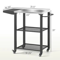 Outsunny Three-Shelf Outdoor Grill Cart Table with Foldable Side Table, Stainless Steel Top Pizza Oven Stand with Hooks, Silver(m-3)