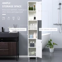 kleankin Tall Bathroom Storage Cabinet with Mirror, Freestanding Narrow Linen Tower Cabinet with Adjustable Shelves for Bathroom, White(m-4)