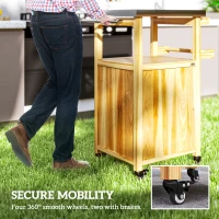 Outsunny Outdoor Grill Cart w/ Stainless Steel Top, Solid Wood Outdoor Kitchen Island w/ Wheels, Integrated Hole, Natural Wood(m-6)