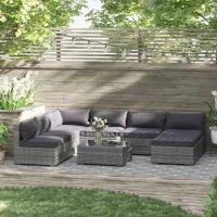 Outsunny Patio Furniture Set, 8 Pieces, Sectional Sofa, All Weather PE Rattan Conversation Set, Tempered Glass Table, 6 Seats, Ottoman Footstool, Cushions for Lawn, Backyard, Gray(m-10)