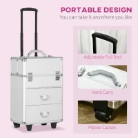 HOMCOM Rolling Makeup Train Case, Large Storage Cosmetic Trolley, Lockable Traveling Cart Trunk with Folding Trays, Swivel Wheels and Keys, Silver(m-5)