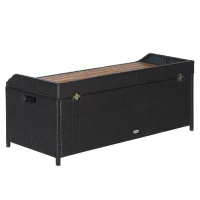 Outsunny Patio Wicker Storage Bench, Outdoor PE Rattan Patio Furniture, Air Strut Assisted Easy Open, 2-in-1 Large Capacity Rectangle Basket Box with Handles & Wooden Seat, Black(m-7)