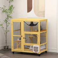 PawHut Cat Condo Wooden Indoor Cat House on Wheels with Cat Flap Door Platforms Hammock Openable Top for 2 Cats, Yellow(m-1)