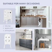 Qaba 2 in 1 Kids Foldable Kitchen Step Stool, Toddler Standing Tower with Chalkboard and Lockable Handrail for Children 3-6 Years Old, White(m-7)