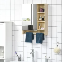 kleankin Bathroom Medicine Cabinet, 23.5" x 27.5" Wall-Mounted Bathroom Mirror Cabinet with 3 Storage Shelves, Inside Adjustable Shelf, and Towel Rack, Natural(m-10)