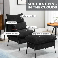 HOMCOM Accent Chair with Ottoman, Reclining Comfy Chair with Adjustable Backrest, Steel Frame and Pillow for Living Room, Bedroom, Black(m-6)