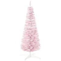 HOMCOM 5' Decorated Christmas Tree Snow Flocked Artificial Christmas Tree with Pencil Shape, Realistic Branches, Pink(m-1)