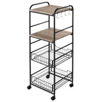 HOMCOM Kitchen Cart with Storage, 16"W Slim Rolling Cart, 4 Tier Kitchen Shelves on Wheels with Side Racks, 2 Basket for Fruit Vegetable, Utility Cart for Narrow Space, Laundry, Oak(m-11)