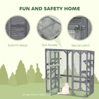 PawHut Large Wooden Catio Outdoor with 6 Jumping Platforms, Weatherproof Roof, for 1-3 Cats, 59" x 28" x 60", Gray(m-7)