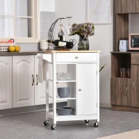 HOMCOM Modern Rolling Kitchen Island Cart with Drawer, Natural Wood Top, Towel Rack, Door Storage Cabinet, White(m-8)