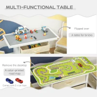 Qaba 3-in-1 Kids Activity Table and Chairs Set with 3 Surfaces for Drawing, Lego Building, Road Map with 2 Cars, Storage Baskets, Toddler Activity Table for Preschool Children(m-7)