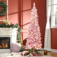 HOMCOM 6ft Prelit Snow Flocked Artificial Christmas Tree with Pencil Shape, Pine Realistic Branches, Warm White LED lights, Auto Open, Pink and White(m-2)