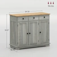 HOMCOM Kitchen Storage Cabinet, Sideboard Floor Cupboard with Solid Wood Top, Adjustable Shelf, and 3 Drawers, Light Gray(m-3)