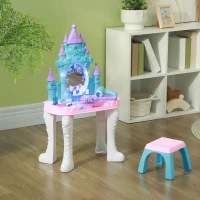 Qaba Kids Vanity Set with Mirror and Stool, Light, Music, Castle Design Makeup Table for Girls 3-6 Years, Multicolor(m-10)