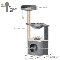 PawHut Cat Tree, Multi-Level Cat Tower with Cat Scratching Post, Perch, Cat Condo, Hammock, Hanging Toy Ball, Grey(m-3)