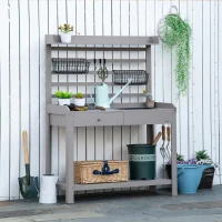 Outsunny Potting Bench Table, Garden Work Bench, Workstation with Metal Sieve Screen, Removable Sink, Additional Hooks and Baskets for Patio, Courtyards, Balcony, Gray(m-10)