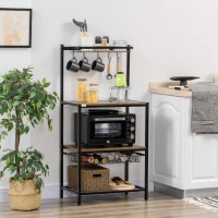 HOMCOM Industrial Multifunctional Kitchen Bakers Rack, Microwave Stand, Coffee Bar Station with Storage Shelves, Wire Basket, 5 Hanging Hooks, Walnut(m-1)