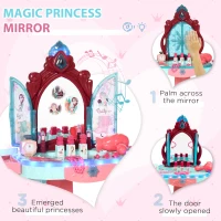Qaba Kids Vanity Set with Self-Opening Magic Mirror, Princess Makeup Vanity Table Set with Music, Tabletop with Lights, Imaginative Toy for 3-6 Years Old Child(m-4)