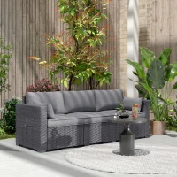 Outsunny 3 Seater Wicker Patio Sofa with Side Trays, Outdoor Couch with 6" Thick Back Cushions, Deep Seating, Grey(m-8)