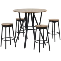 HOMCOM Industrial Bar Table and Chairs Set of 5, Round Dining Table & 4 Stools with Swivel Seat for Pub, Kitchen, Light Brown(m-11)