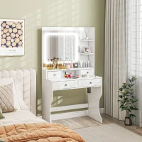 HOMCOM Dressing Table with Lighted Mirror, Vanity Table with Charging Station, USB Ports, Drawers, Storage Shelves, White(m-8)