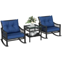 Outsunny 3 Pieces Outdoor PE Rattan Rocker Chair Set, Rocking Chair with Tempered Glass Table Top, 25"x26"x28", Dark Blue(m-11)