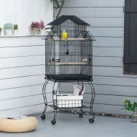 PawHut 53.9'' Large Rolling Steel Bird Cage Bird House with Detachable Rolling Stand, Storage Shelf, Wood Perch, Food Container, Black(m-8)