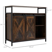 HOMCOM Industrial Sideboard Buffet Cabinet with Sliding Barn Doors, Coffee Bar Cabinet with Stemware Racks, Drawer and Adjustable Shelves for Kitchen, Rustic Brown(m-3)