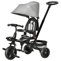Qaba Kids Tricycle, 4 in 1 Foldable Trike with Reversible Seat, Adjustable Parent Handle, Safety Harness, Wheel Brakes, Removable Canopy, Storage, Tricycle for Toddlers 1-5 Years, Gray(m-11)