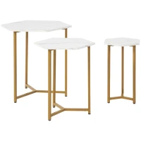 HOMCOM Nesting Tables Set of 3, Hexagon Side End Table with Marble Effect Top and Steel Legs for Living Room Bedroom, White and Gold(m-11)