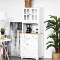 HOMCOM 67" Modern Buffet with Hutch, Louvered Kitchen Pantry Microwave Cabinet with Framed Glass Doors and 2 Drawers, White(m-10)