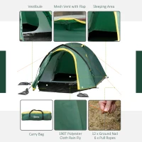 Outsunny 2-3 Person Camping Tent with Weatherproof Vestibule, 2 Rooms, Backpacking Tent with 2 Mesh Windows, Lightweight for Fishing & Hiking, Green(m-5)