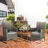 Outsunny 3 Pieces Wicker Patio Furniture Set, Rattan Bistro Set with Glass Top Coffee Table and Cushions, Outdoor Conversation Set for Garden, Porch, Balcony, Mixed Grey(m-8)