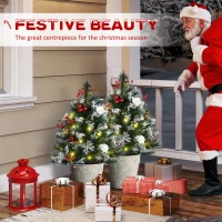 HOMCOM 2.5 Ft/30" 2 Pack Outdoor Entryway Pre-Lit Artificial Christmas Tree Cordless with 70 Branches, Warm White LED lights, Red Berries, Pine Cones, Balls, Green(m-4)