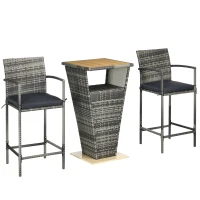 Outsunny 3 Pieces Patio Bar Set, Wicker Bistro Set, PE Rattan Bar Table and Chairs with Soft Padded Cushions, Storage Shelf, Wood Grain Plastic Top, Mixed Gray(m-11)