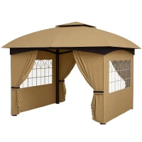 Outsunny 11' x 11' Outdoor Gazebo, Double Roof Patio Gazebo with Curtains, Church Windows, Galvanized Steel Frame, Beige(m-1)