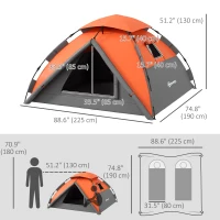 Outsunny Pop up Camping Tent, 3-4 Man Family Tent, 3000mm Waterproof, with Carry Bag and Top Hook, Grey and Orange(m-3)