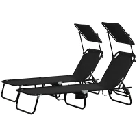 Outsunny Folding Chaise Lounge Pool Lounge Chairs Set of 2, Outdoor Sun Tanning Chairs with Canopy Shade, Reclining Back, Steel Frame and Side Pocket for Beach, Yard, Patio, Black(m-11)