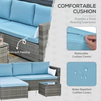 Outsunny 3-Piece Patio Furniture Set Modern Sectional Sofa Rattan Chair Wicker Conversation Set Outdoor Hand Woven Rattan Wicker Furniture Patio Coffee Table Sofa Set, Blue(m-5)