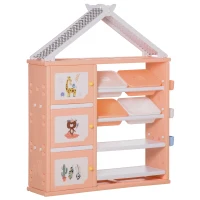Qaba Kids Toy Storage Organizer with 4 Bins, Storage Cabinets, Bookshelf and 4-Layers Toy Collection Shelves, Orange(m-11)